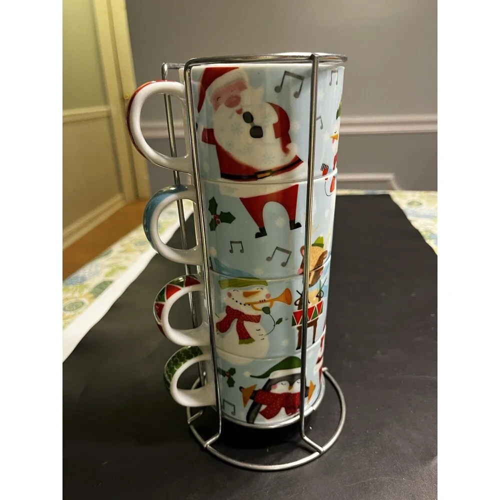 Pier 1 Stackable Santa Snowman Christmas Mugs w Metal Holder